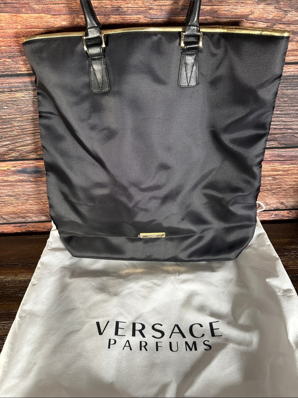 New Versace Parfums Black Tote Bag with dust bag